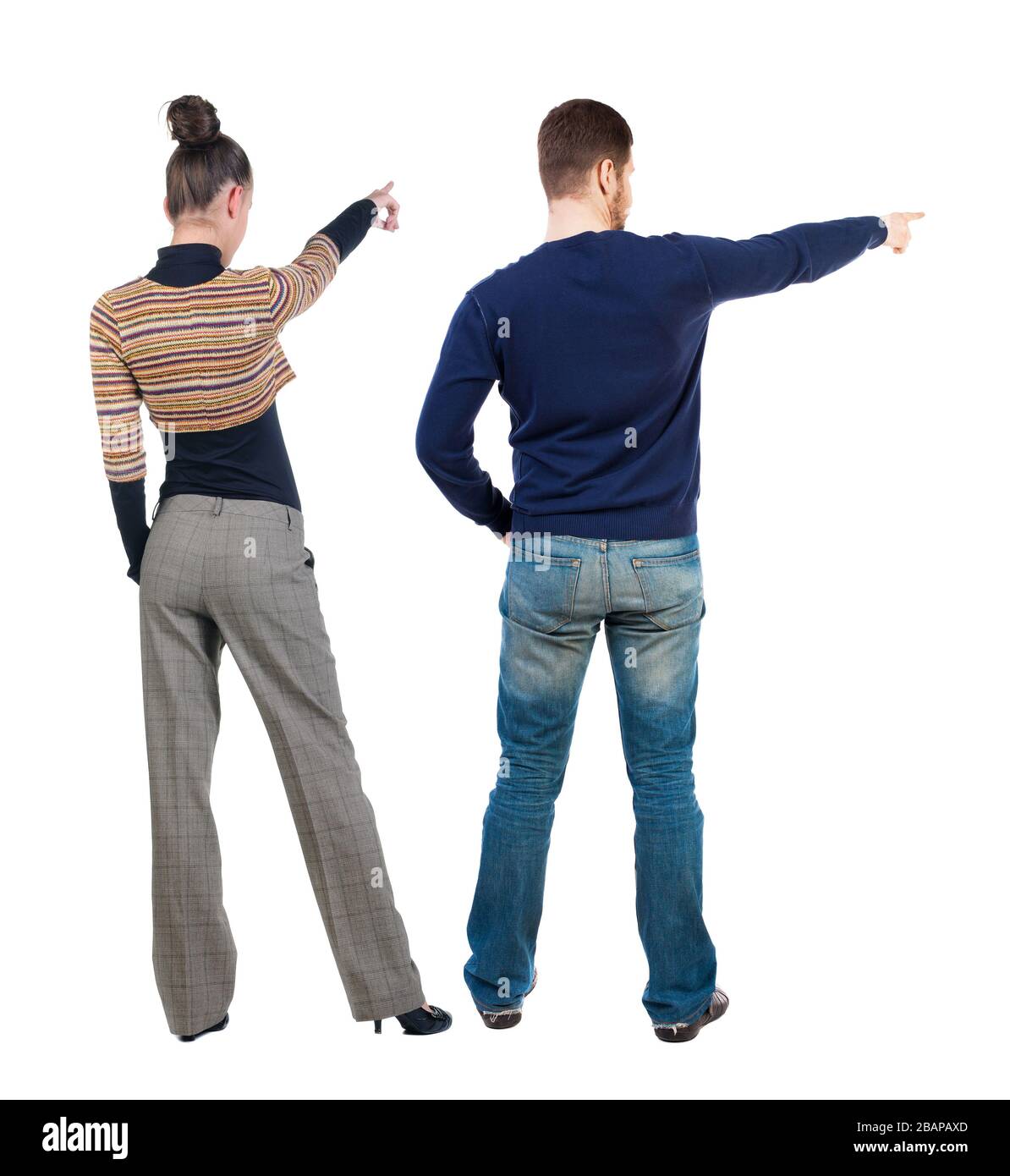 Back view of couple in sweater pointing. Rear view people collection ...
