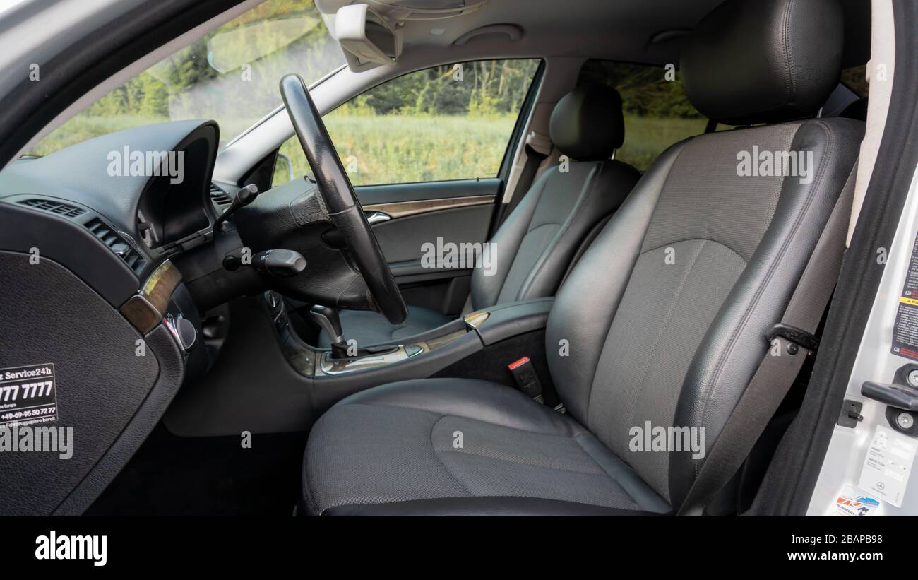 Black leather interior, Mercedes Benz W211 Avantgarde with upholstery  combined with leather and textile, no people Stock Photo - Alamy