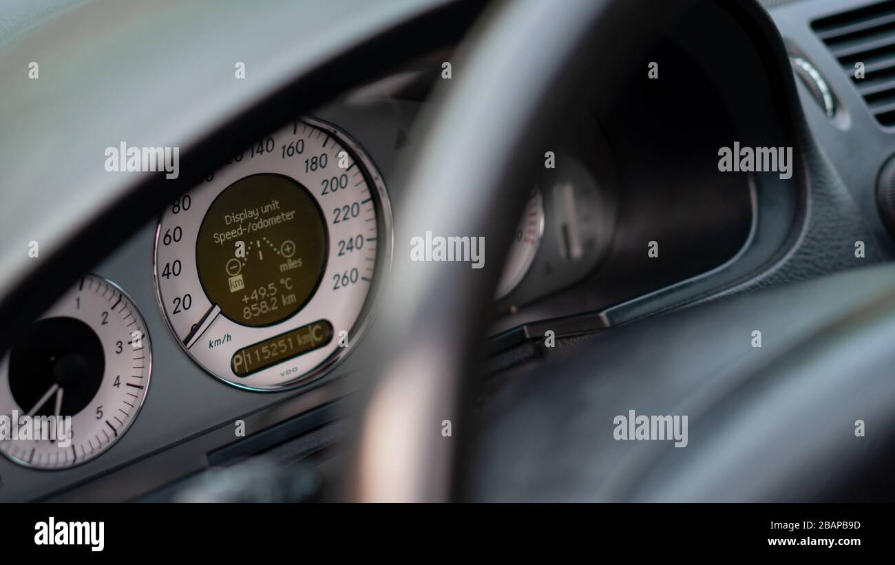 Car dashboard instrument cluster.Car panel indicators, yellow, red