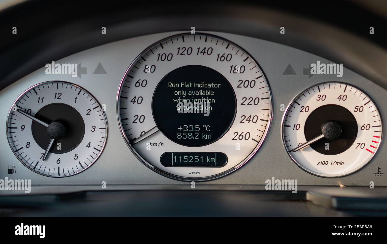 Car dashboard instrument cluster.Car panel indicators, yellow, red