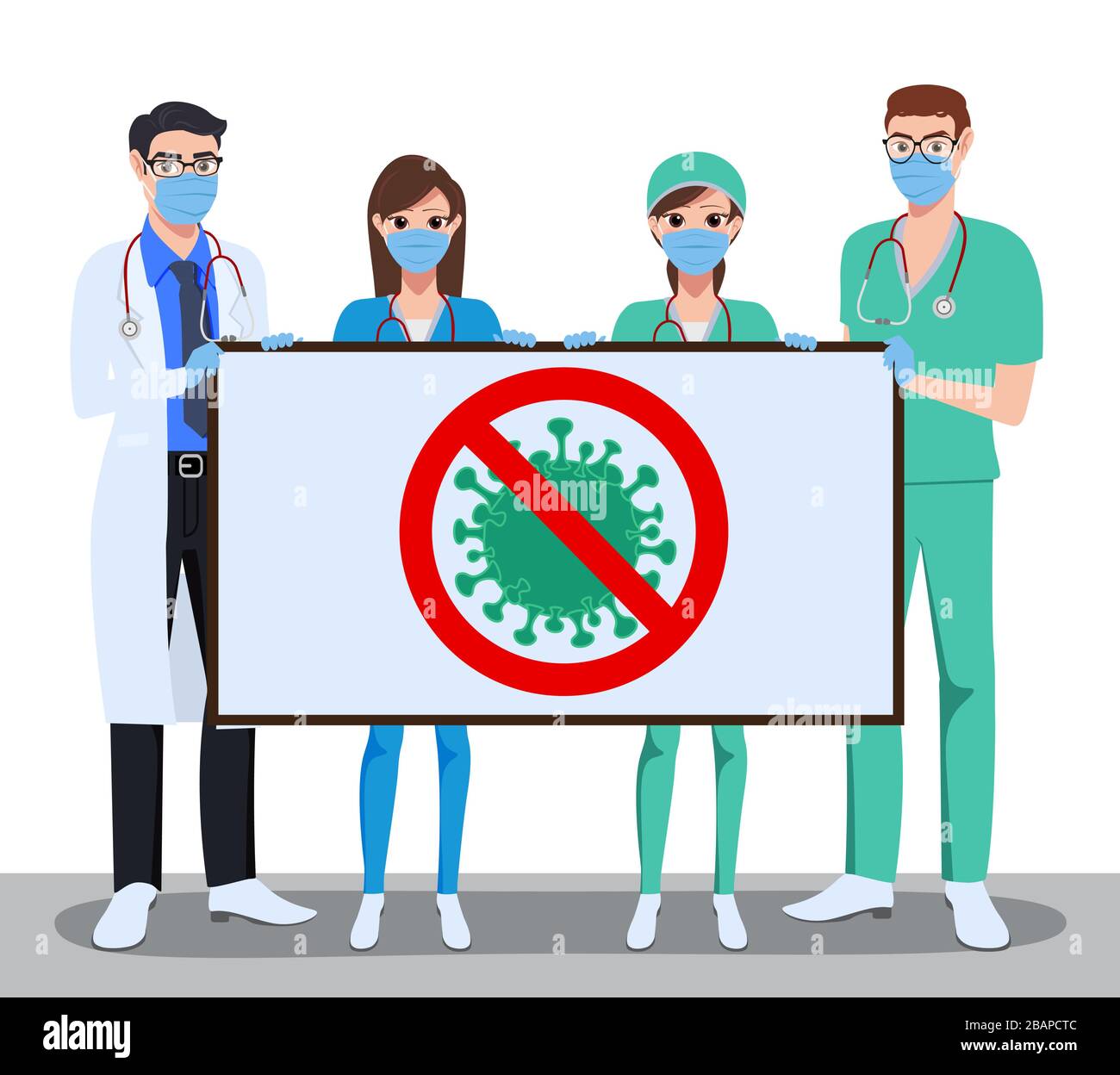 Medical front liners characters vector concept design. Medical team doctors and nurses character holding white board showing stop corona virus sign Stock Vector