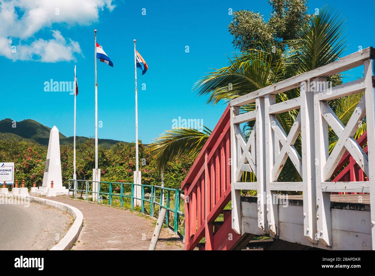 A bridge at the Monument to Unity and Friendship at the border between the French and Dutch sides of the Caribbean island of St. Martin / St. Maarten Stock Photo