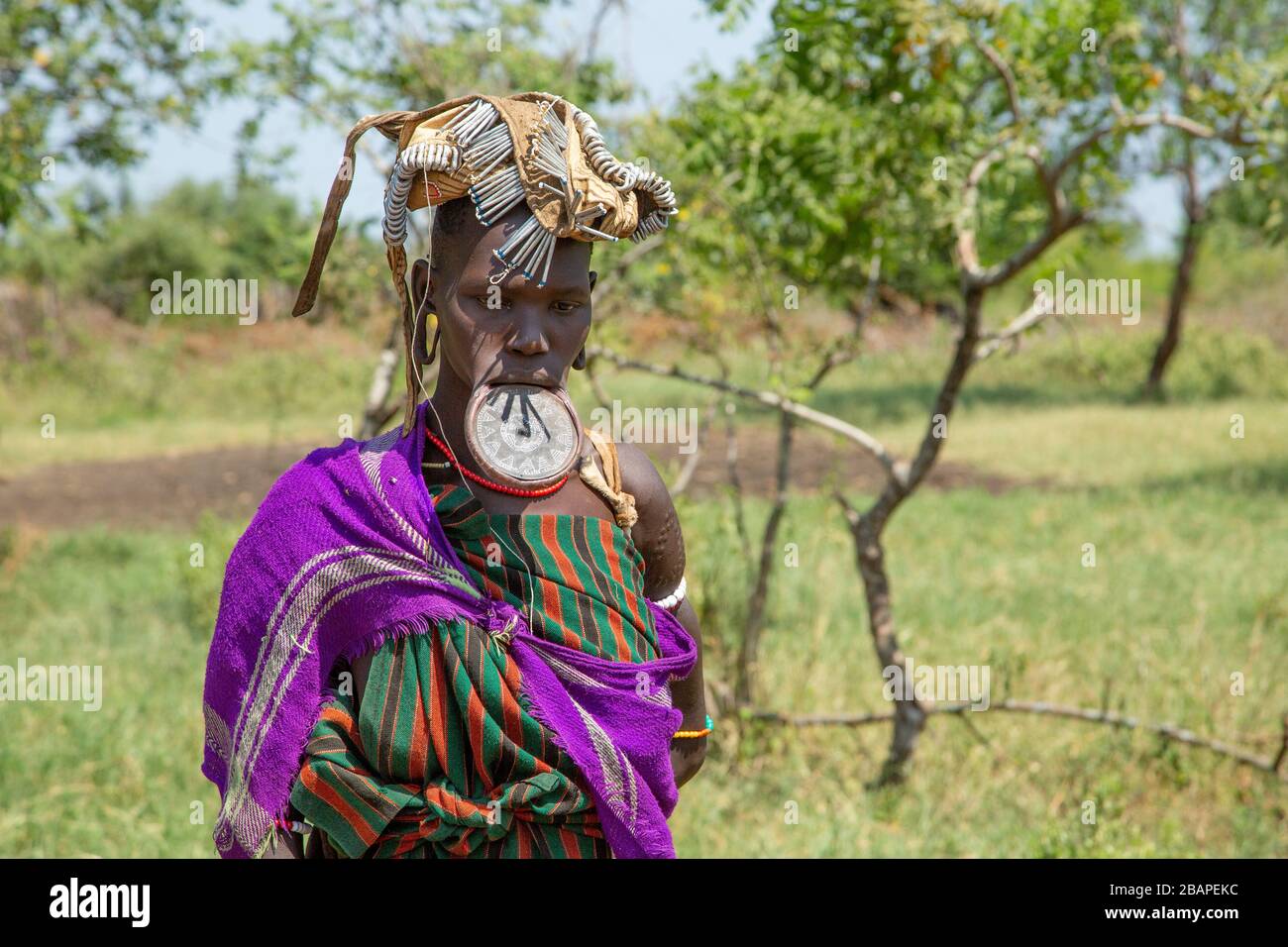 Woman of the Mursi tribe with clay lip disc as body Omo Zone, Ethiopia. Close to the Sudanese border. Stock Photo