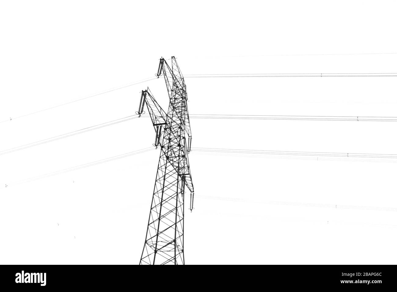 High voltage tower and power lines black and white photo Stock Photo