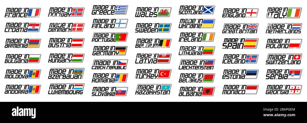 Vector set of European Countries Flags, 44 decorative isolated signs with national state flags and original letters for different words made in , indu Stock Vector
