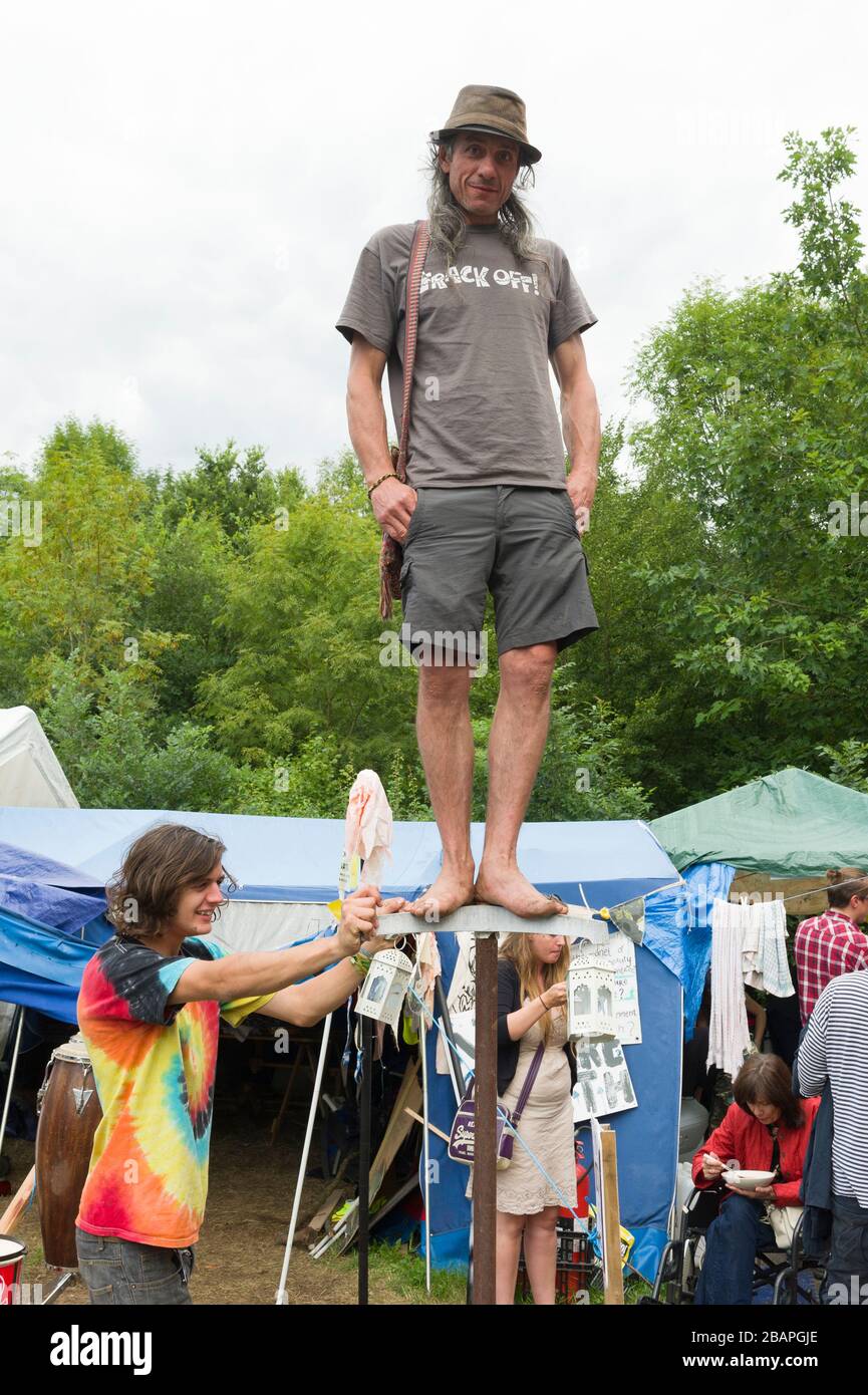 Anti-fracking protest camp near village of Balcombe, West Sussex, Britain. The camp was set up to protest against Energy firm Cuadrilla, which is cond Stock Photo