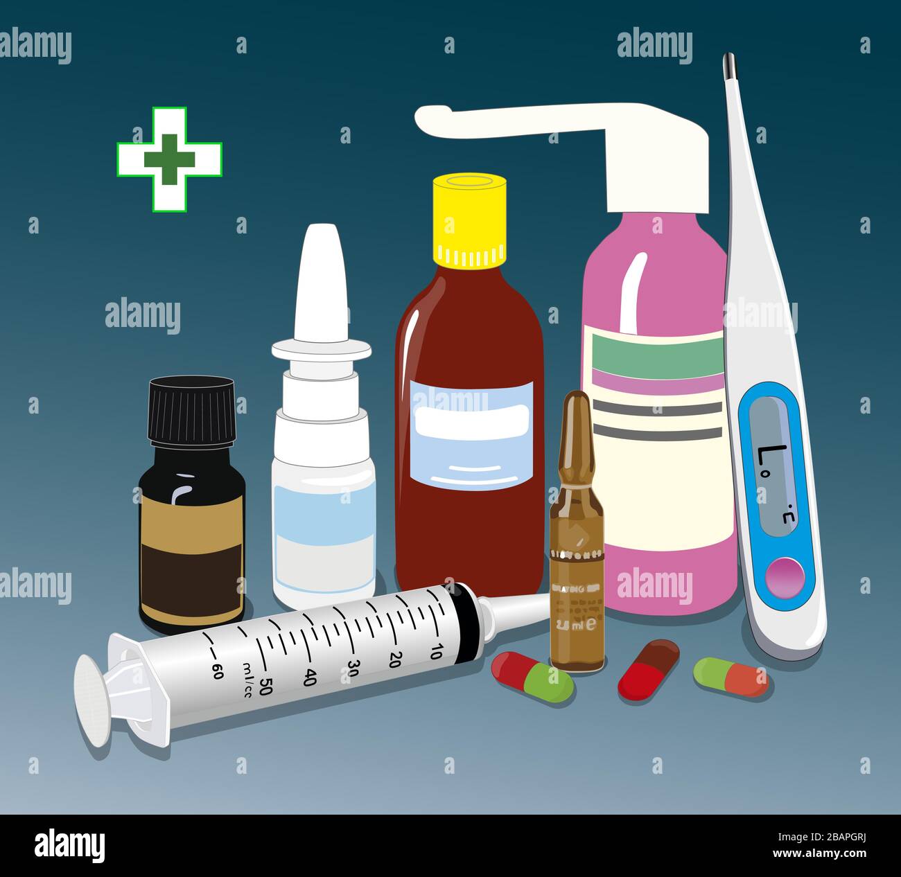 The Flat Pattern Of The Drugs. Medical Tablets And Vials.Thermometer To ...