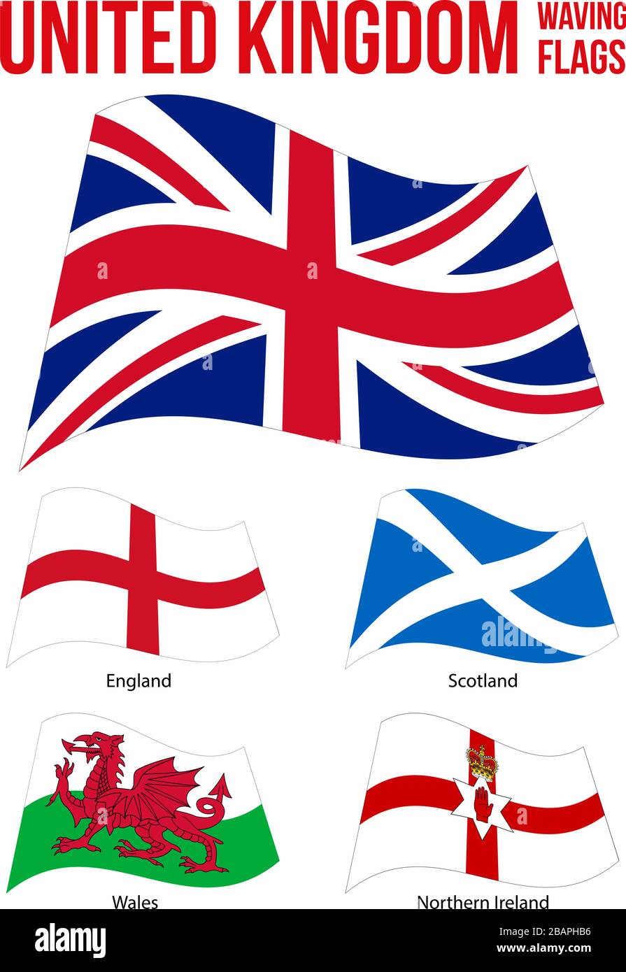 United Kingdom Waving Flags Collection Vector Illustration on White Background. Countries of the United Kingdom. Flag of England, Northern Ireland, Wa Stock Vector