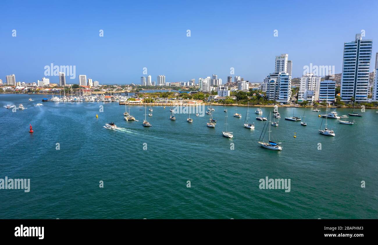 Beautiful view of the bay with yachts and modern buildings in Cartagena, Colombia. Stock Photo
