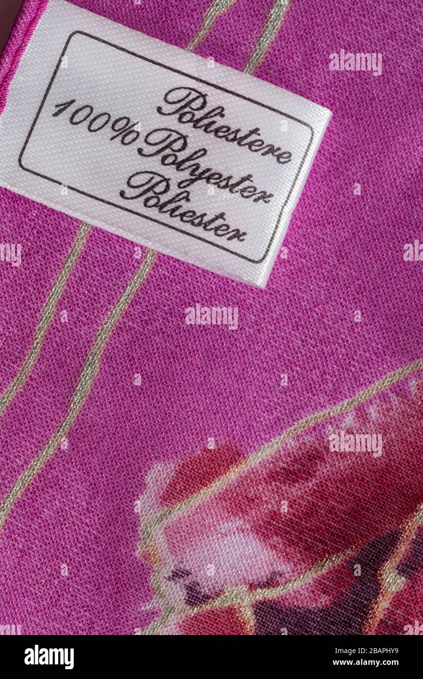 Label in woman's 100% polyester scarf - sold in the UK United Kingdom, Great Britain Stock Photo