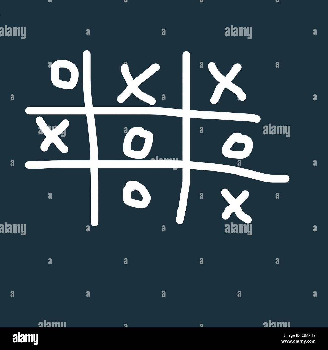 A digital illustration of the childrens game of noughts and crosses where no one won. White on blue Stock Photo