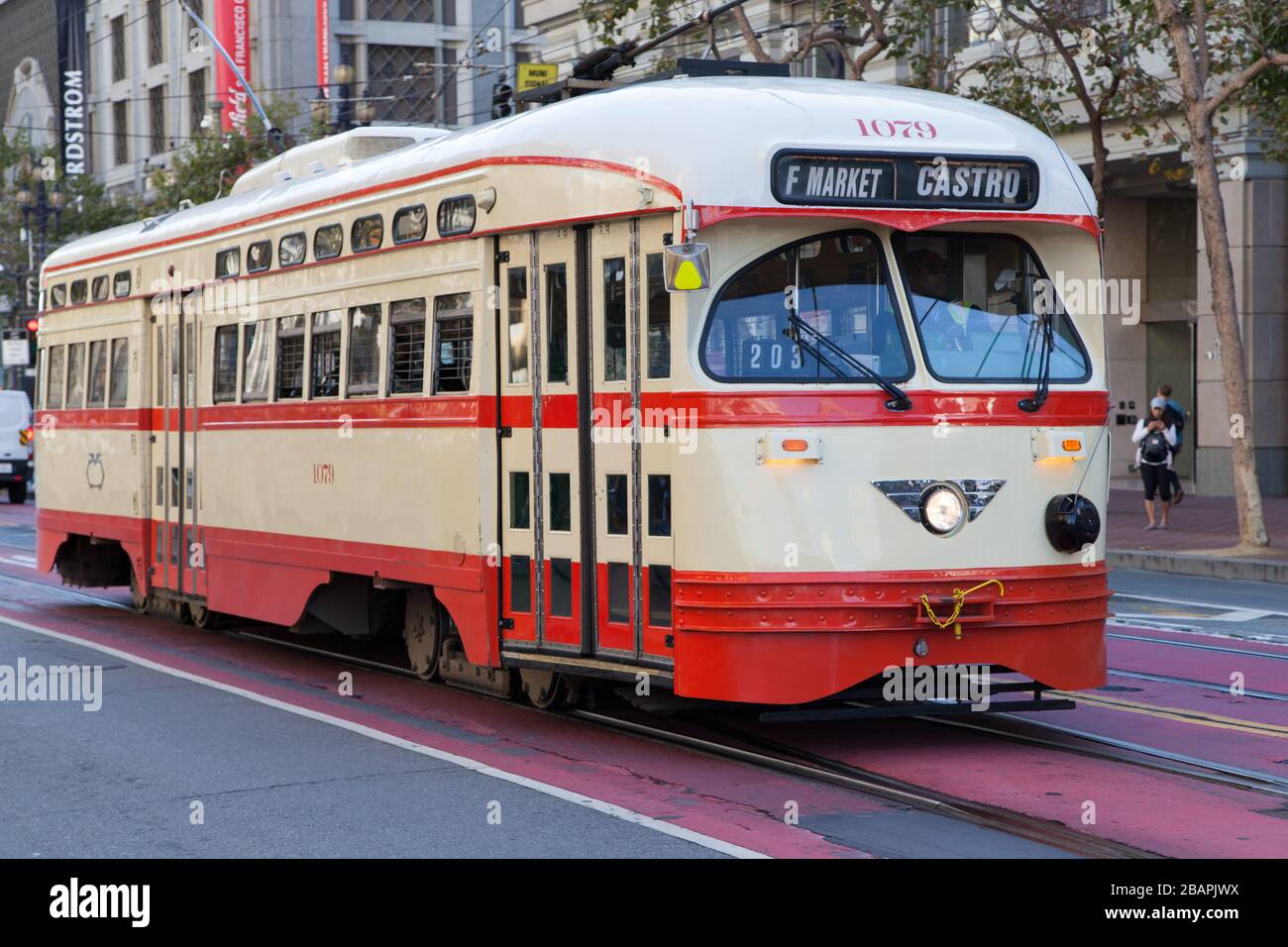 San Francisco, California - August 27, 2019: Heritage streetcar Twin City Rapid number 1079 in Detroit Livery at Market Street, San Francisco, Califor Stock Photo