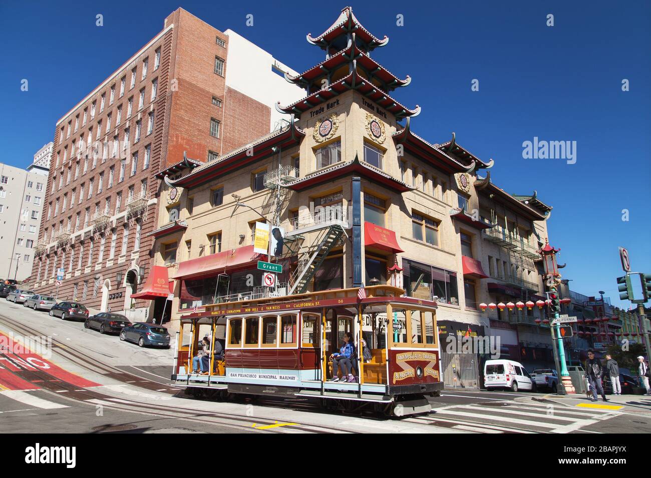 San Francisco, California - August 27, 2019: California Cable Car through California and Grant, San Francisco, California, USA. Stock Photo