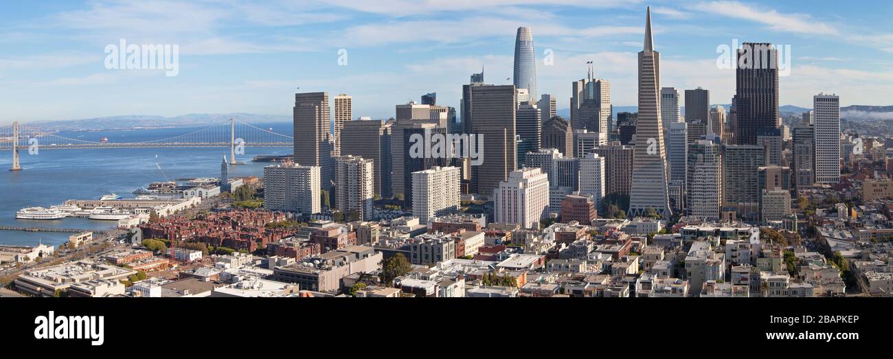 San Francisco skyline seen from the top of Coit Tower, San Francisco, California, USA. Stock Photo