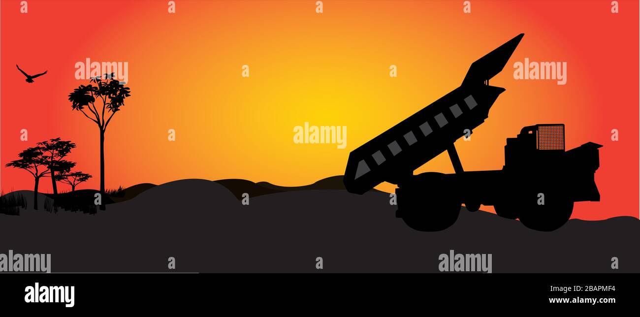 truck in the sunset with hilly background and few trees with a bird flying Stock Vector