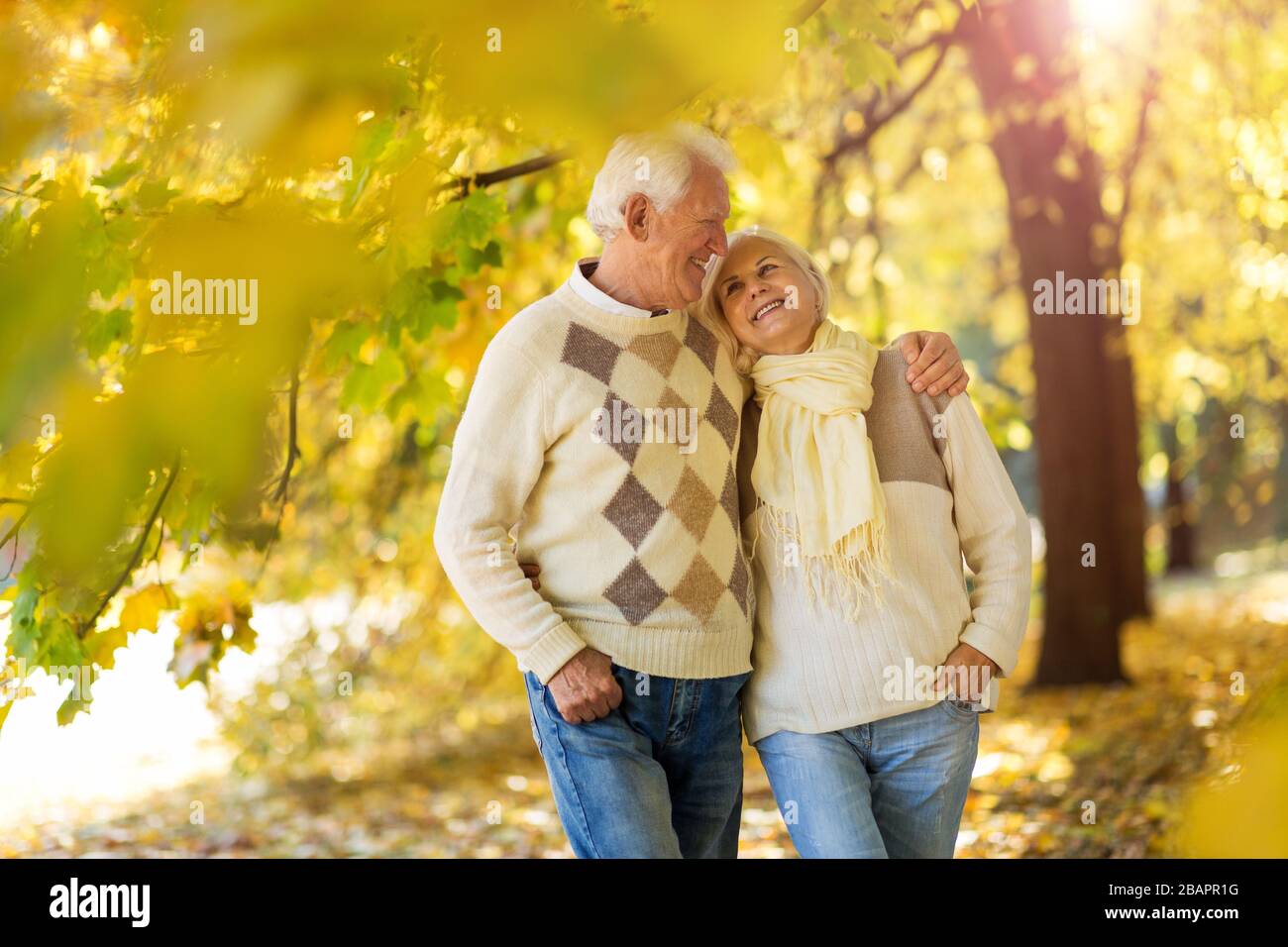 Happy senior couple in autumn park Stock Photo - Alamy
