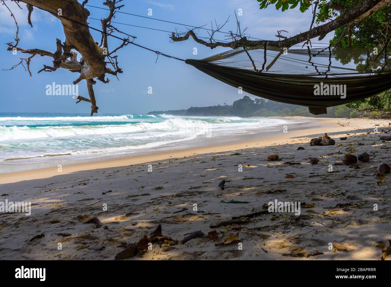 Wild camping with a hammock at undiscoverd beach amazing location in Bengkulu province, Sumatra, Indonesia Stock Photo