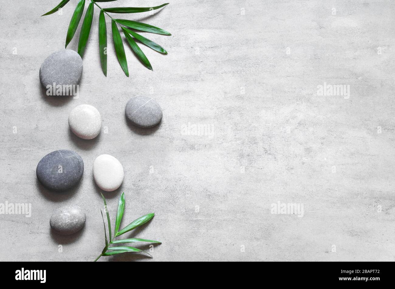 Grey spa background, spa concept, palm leaves and grey stones, top view ...