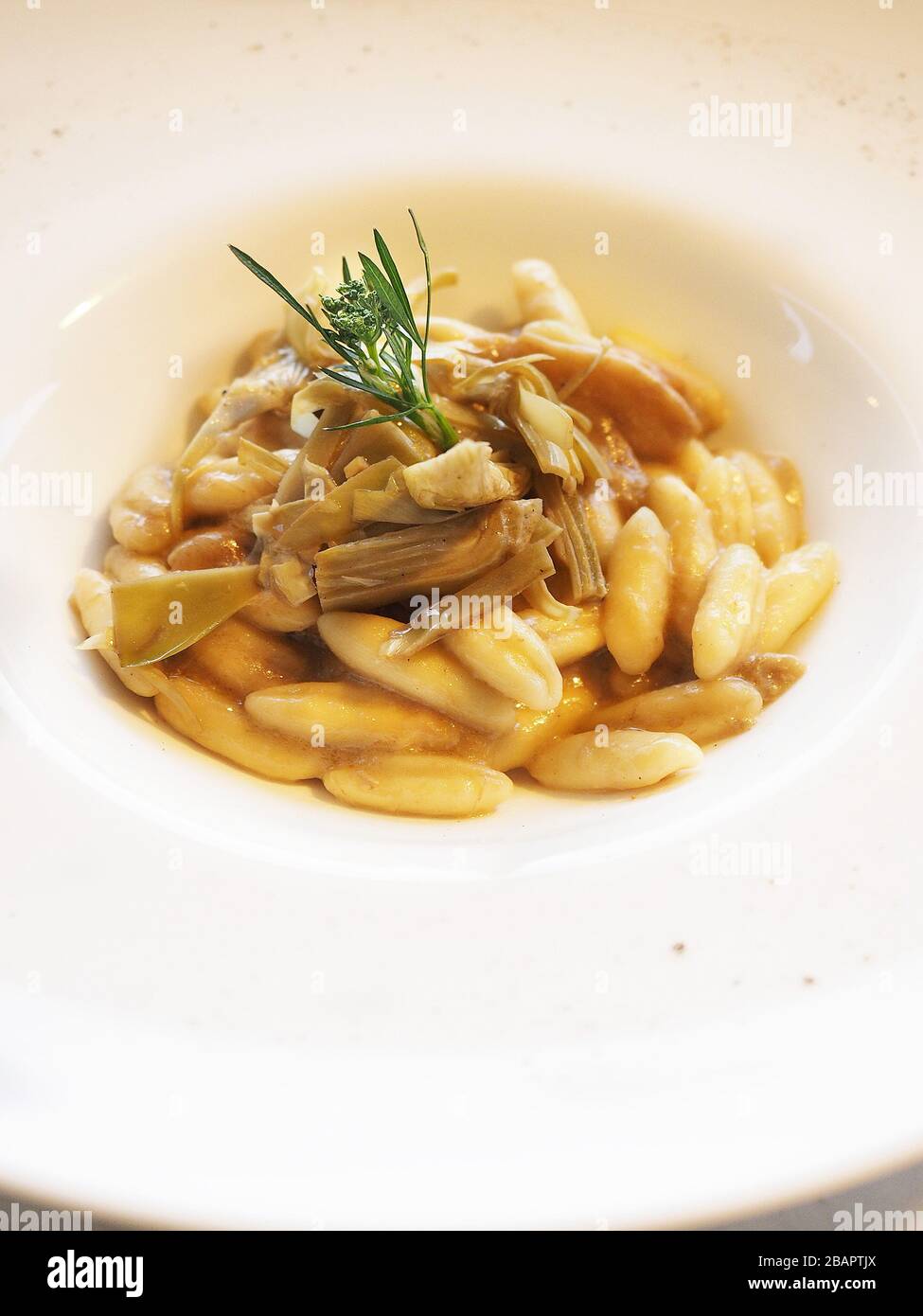 Gnocchetti sardi pasta with artichokes and porcini mushrooms, Italy, Europe Stock Photo