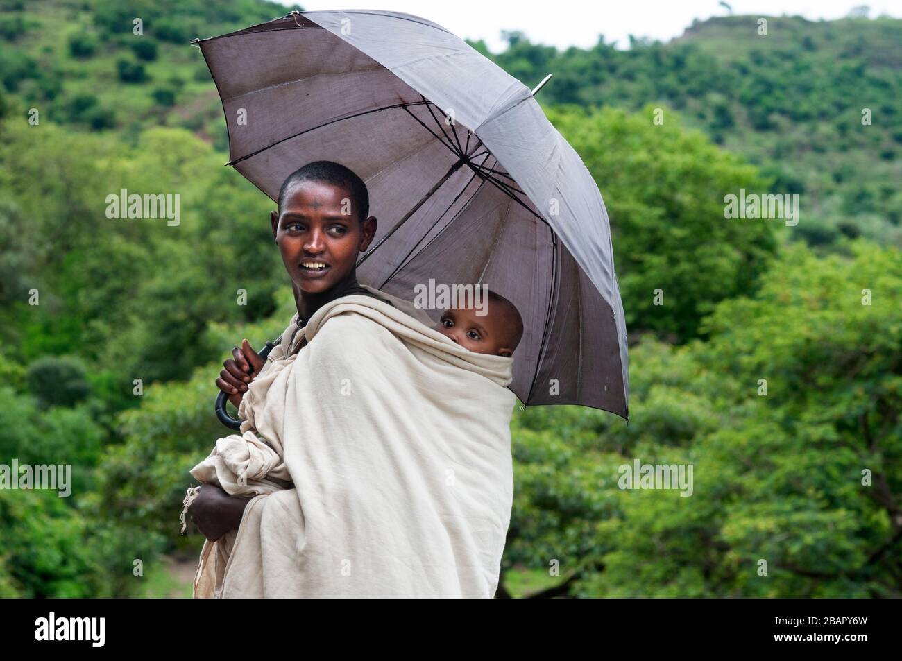 Rural landscape near the Tis Isat Blue Nile Falls of the farmland near Bahir Dar in Ethiopia Stock Photo