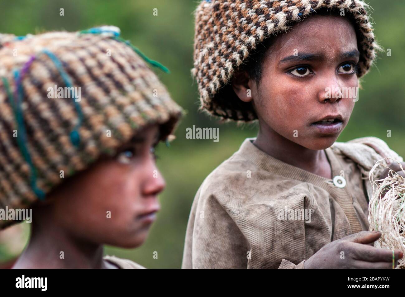 Local villagers selling hats and pots souvenir in the Simien Mountains National Park, Amhara Region, Ethiopia Stock Photo