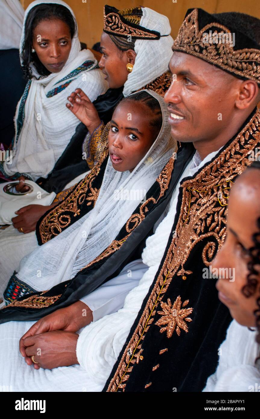 Wedding in St Mary of Zion church in Aksum or Axum in Ethiopia. Some grooms aim to marry in the modern church of St Mary of Zion. The Church of St. Ma Stock Photo