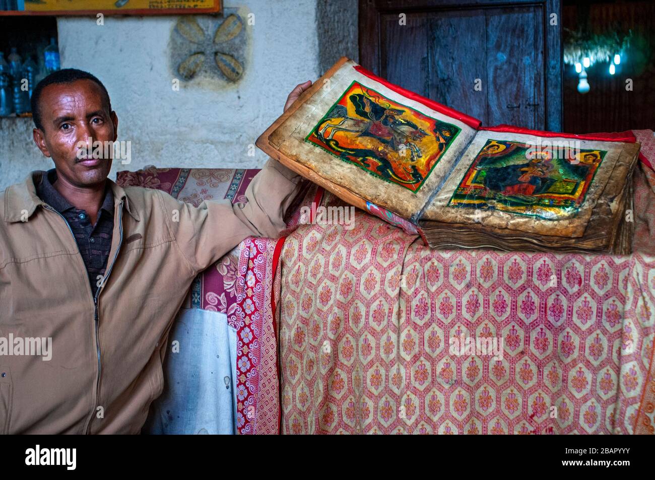 Ancient Bible in Amharic language in the church of Our Lady Mary of Zion in Aksum, Ethiopia Stock Photo