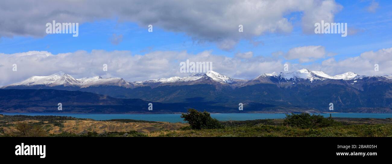 View of Cerro Monumento Moore, Gulf of Admiral Montt, Puerto Natales city, Patagonia, Chile, South America Stock Photo