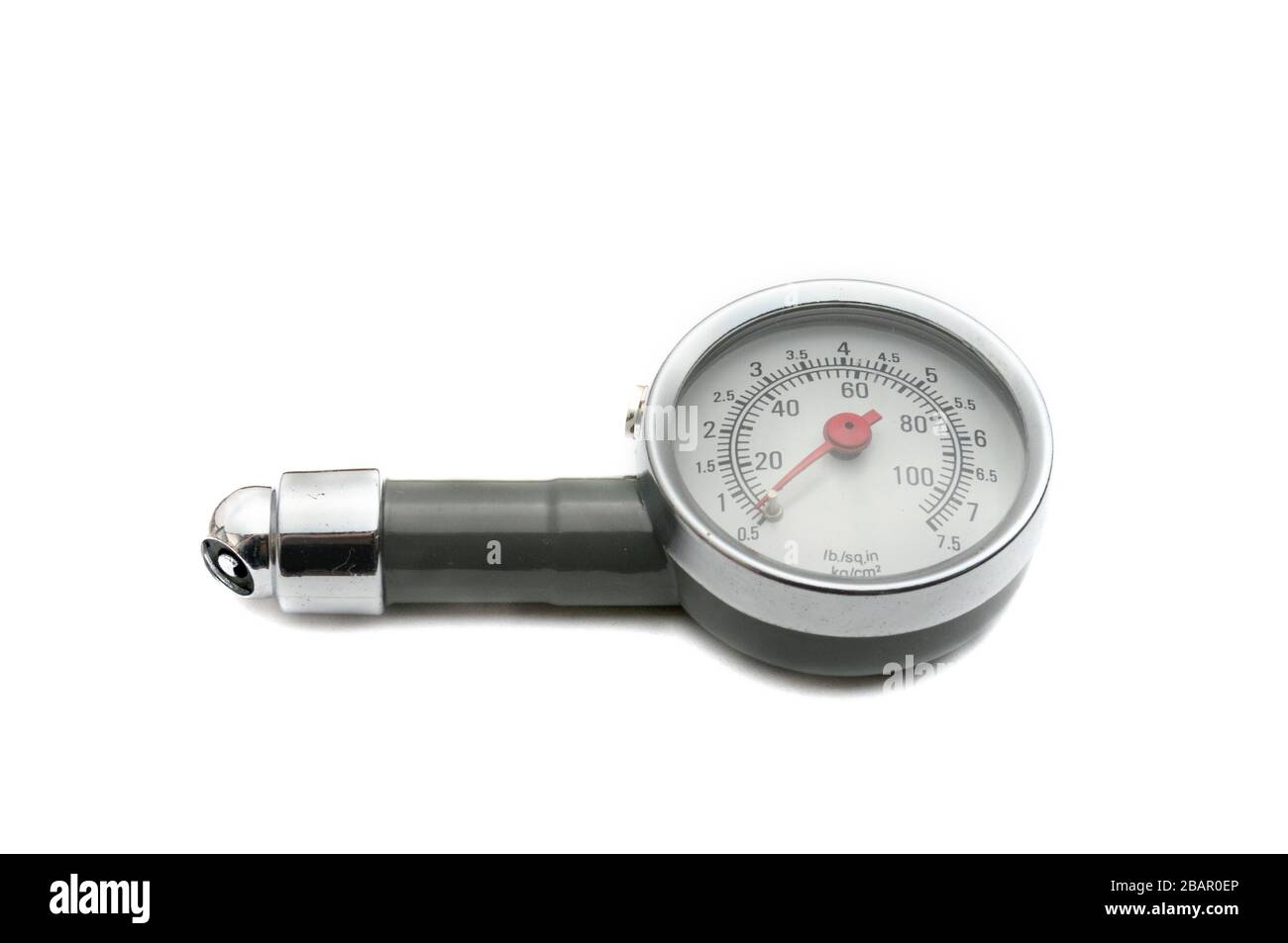 Pressure gauge for measuring air pressure in automobile tires closeup
