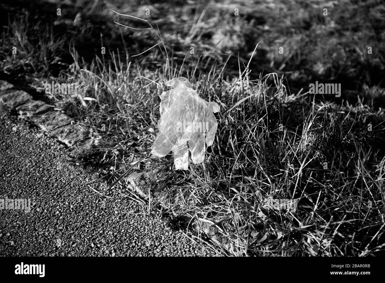 Kranj, Slovenia, March 20, 2020: A discarded plastic protective glove lies by the road during the coronavirus outbreak nationwide lockdown. Stock Photo