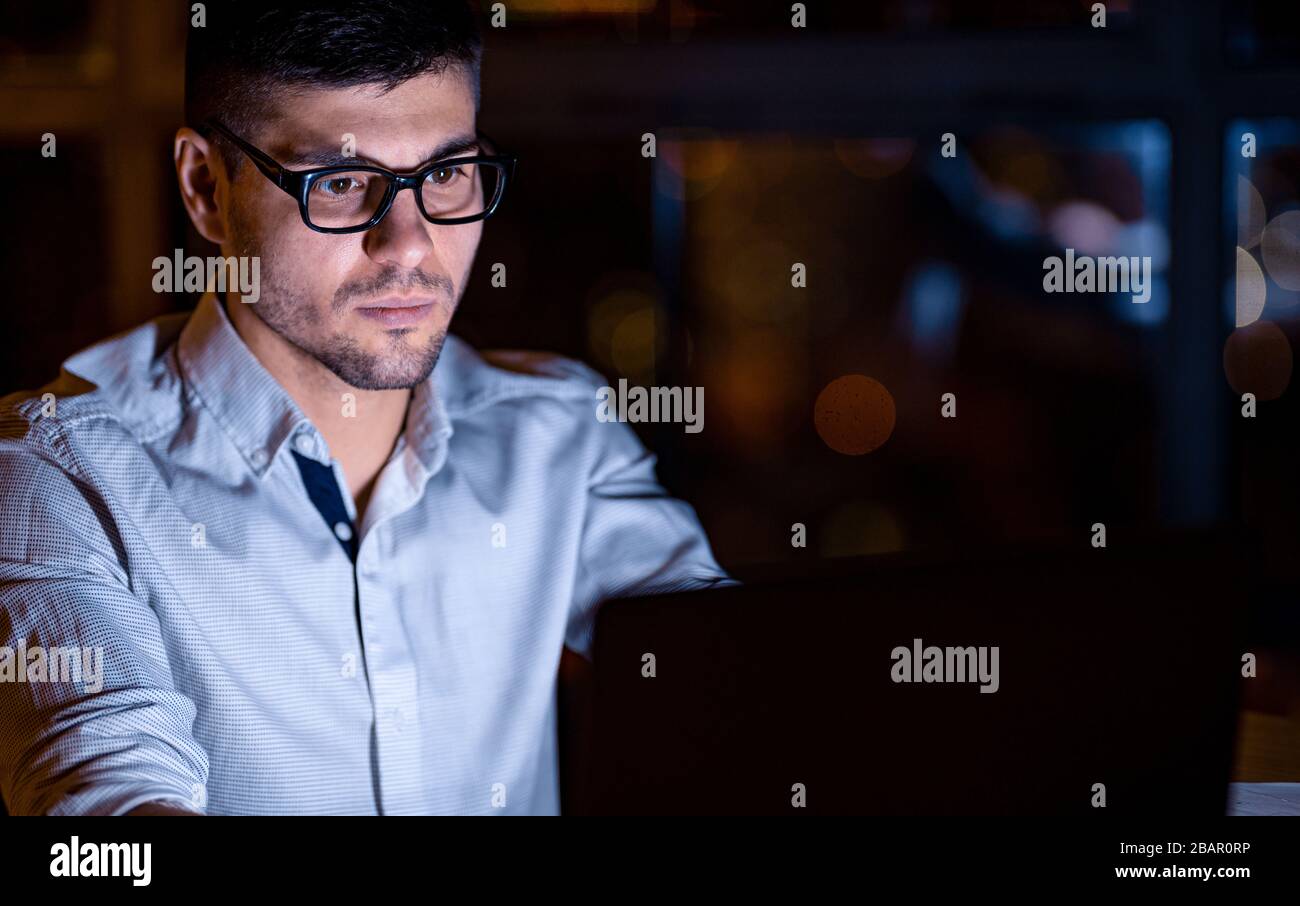 Guy At Laptop Working Coding Website Overnight Sitting Indoor Stock Photo