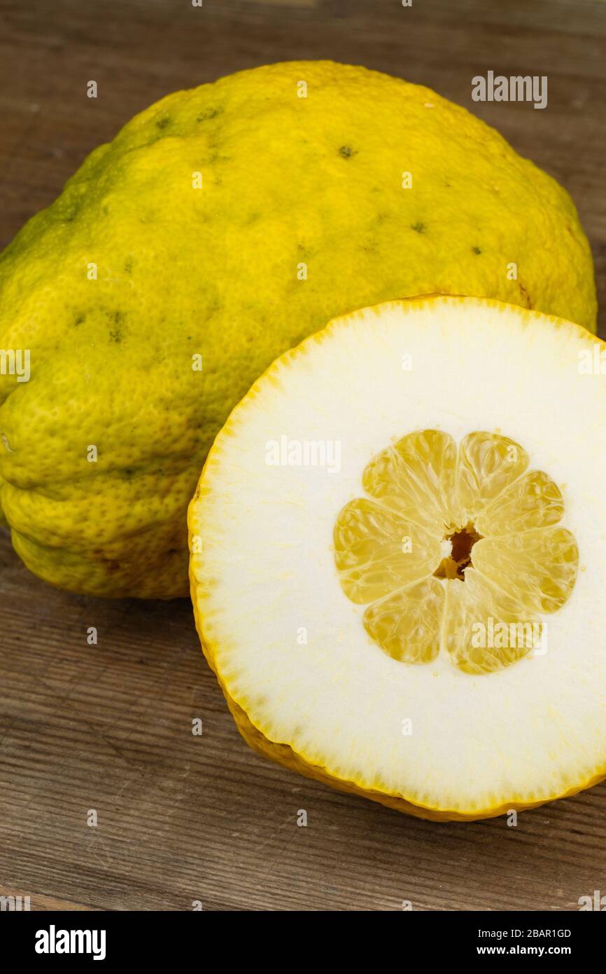 fresh citron fruits closeup on a wooden board with copy space Stock Photo