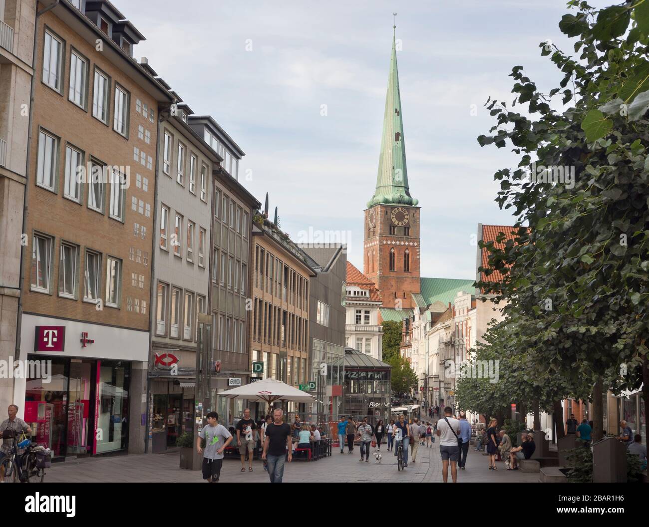 Pedestrian street, Breite Strasse, in the centre of Lübeck Germany, St. Jacob church in the background Stock Photo