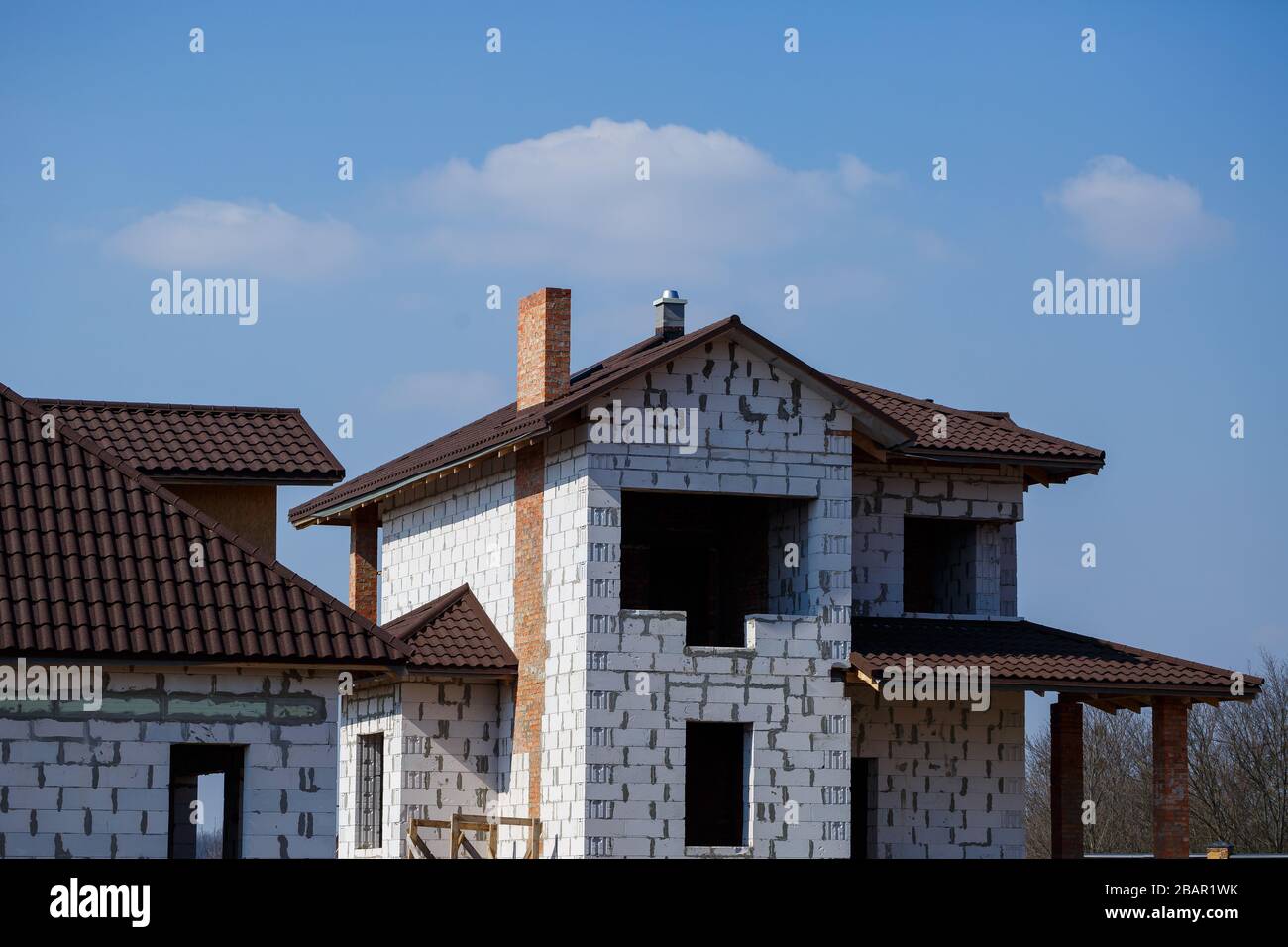 construction of a country two-story house from a gas block Stock Photo