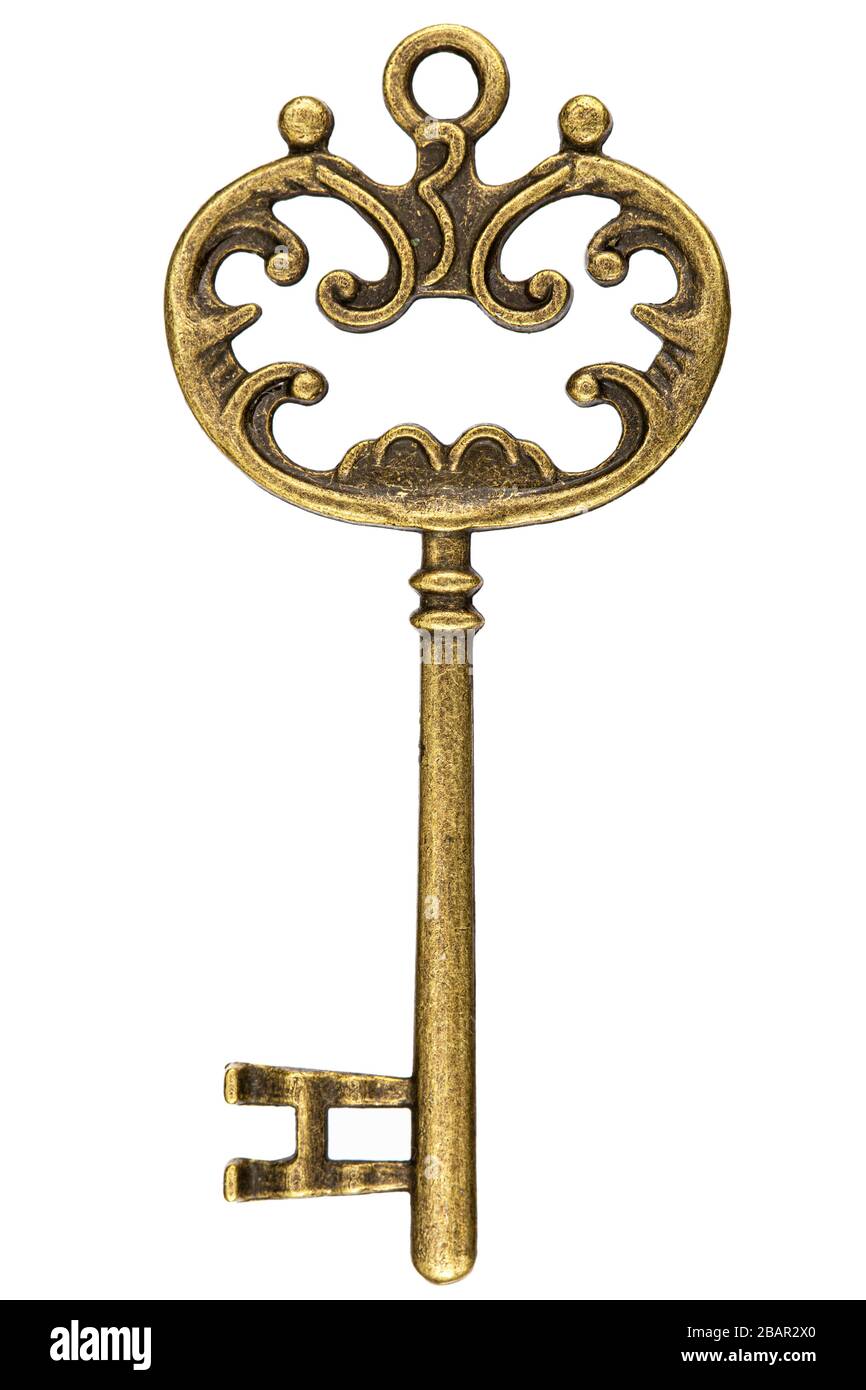 Bronze key, decorative element for design, isolated on white background