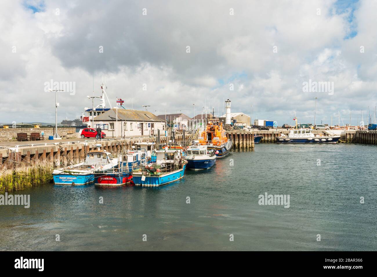 View of West Pier, Kirkwall, Orkney, Scotland, UK.  The RNLI lifeboat Margaret Foster can be seen. Stock Photo