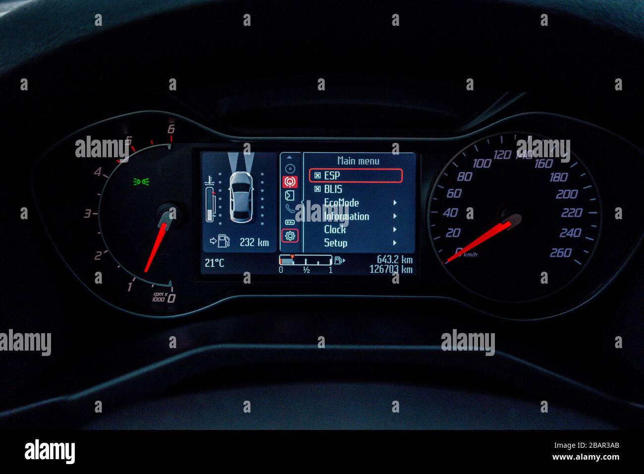 Car dashboard instrument cluster.Car panel indicators, yellow, red