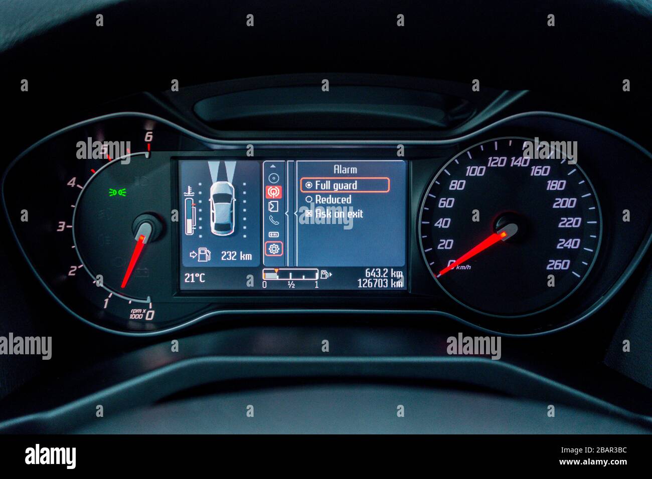 Car dashboard instrument cluster.Car panel indicators, yellow, red