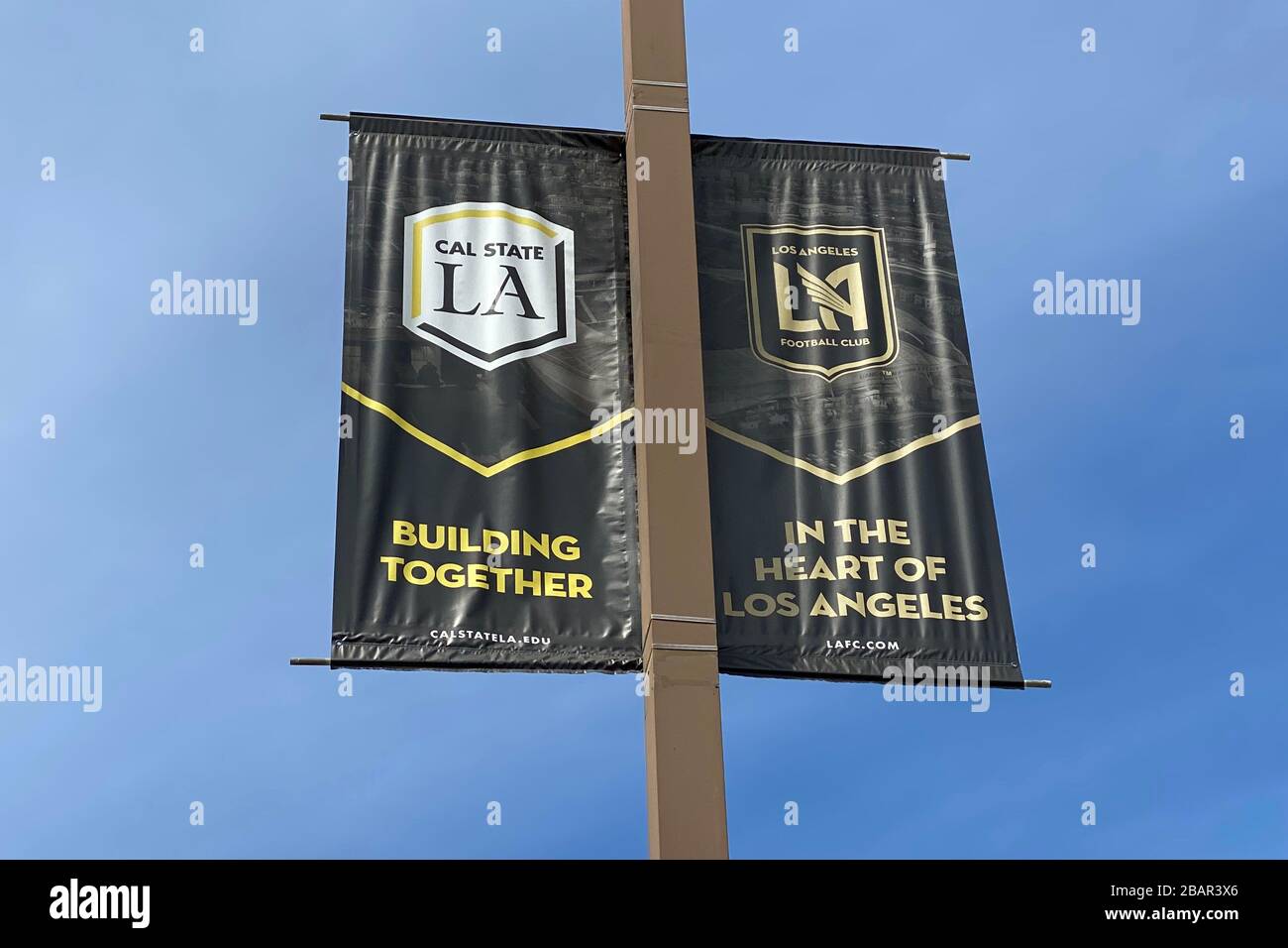 Cal State LA and LAFC banners at California State University, Los Angeles amid the global coronavirus COVID-19 pandemic, Saturday, March 28, 2020, in Monterey Park, California, USA. (Photo by IOS/Espa-Images) Stock Photo
