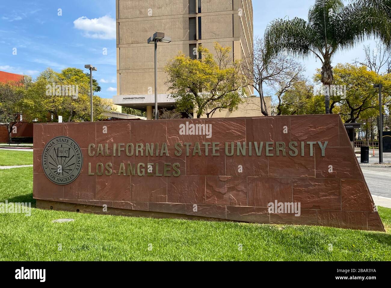 General overall view of Cal State LA sign amid the global coronavirus COVID-19 pandemic, Saturday, March 28, 2020, in Los Angeles. (Photo by IOS/Espa-Images) Stock Photo