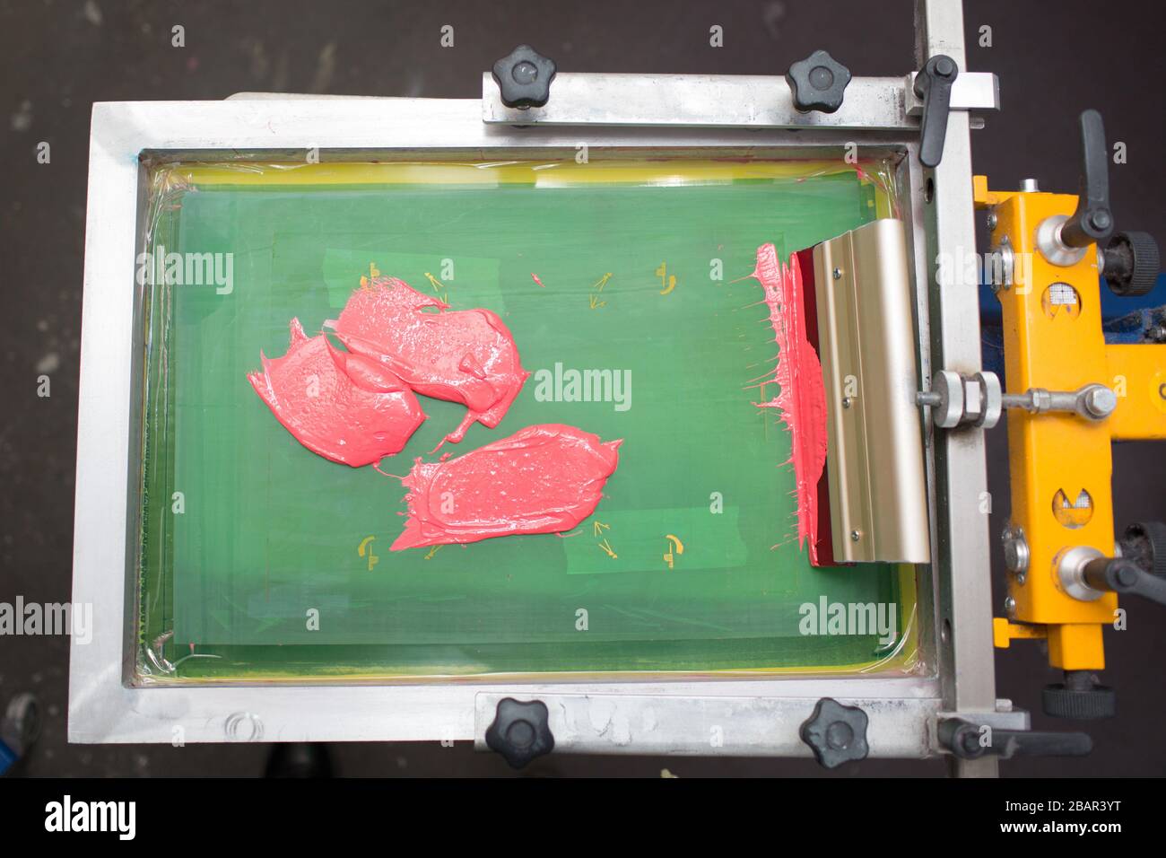 Silk screen printing. Serigraphy. Color paints and fabric Stock Photo