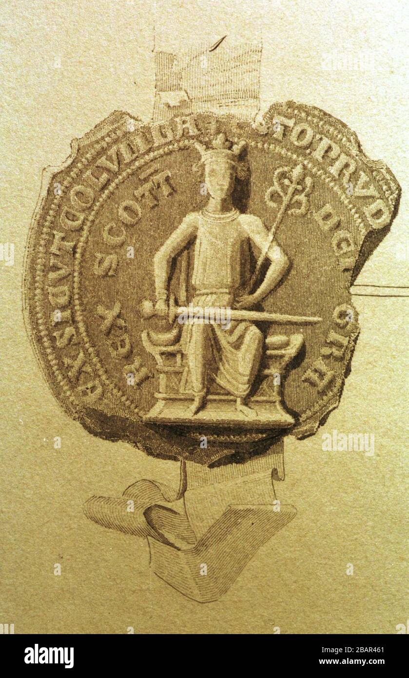 A reproduction of a privy seal showing King Alexander III of Scotland (1249-1286) sitting on his throne. The original seal lies in Registrar's House in Edinburgh and is part of a set showing Scottish kings sitting on the enthronement stone, or Stone of Destiny. The Stone of Destiny, also commonly known as the Stone of Scone or the Coronation Stone, was an oblong block of red sandstone, about 26 inches (660 mm) by 16 inches (410 mm) by 10.5 inches (270 mm) in size and weighing approximately 336 pounds (152 kg). Historically, the artefact was kept at the now-ruined abbey in Scone, near Perth. Stock Photo