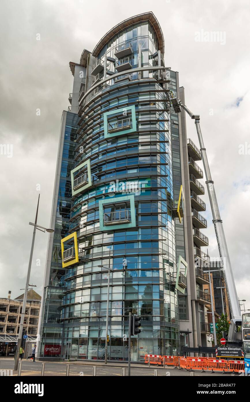 The Boat (2009) is a 14 storey office and residential building at Queen's Square, Belfast, Northern Ireland, UK. Stock Photo