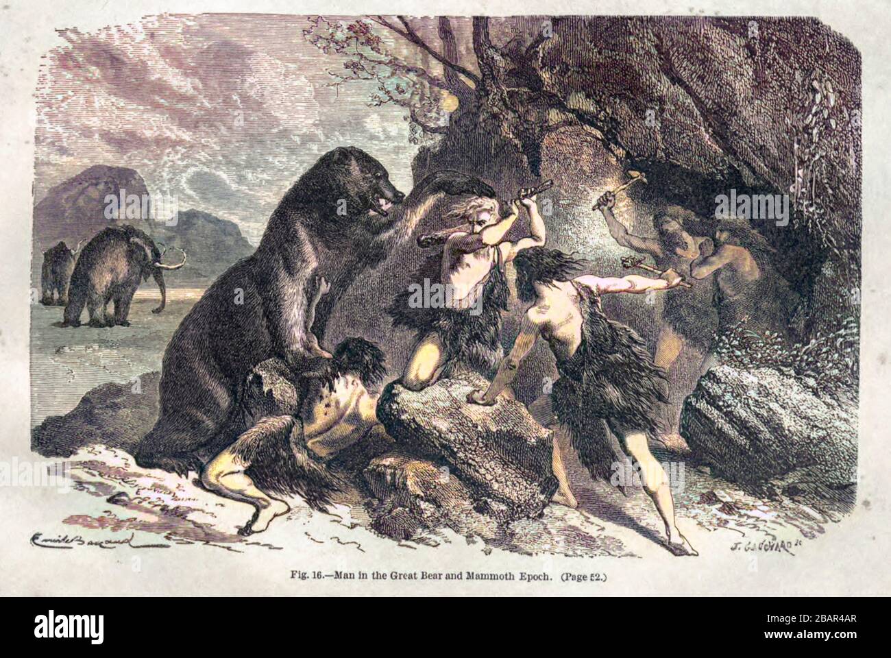 Machine colorized image of Great Bear and mammoth epoch, according to the French illustrator Emile Bayard (1837-1891), illustration Artwork published in Primitive Man by Louis Figuier (1819-1894), Published in London by Chapman and Hall 193 Piccadilly in 1870 Stock Photo
