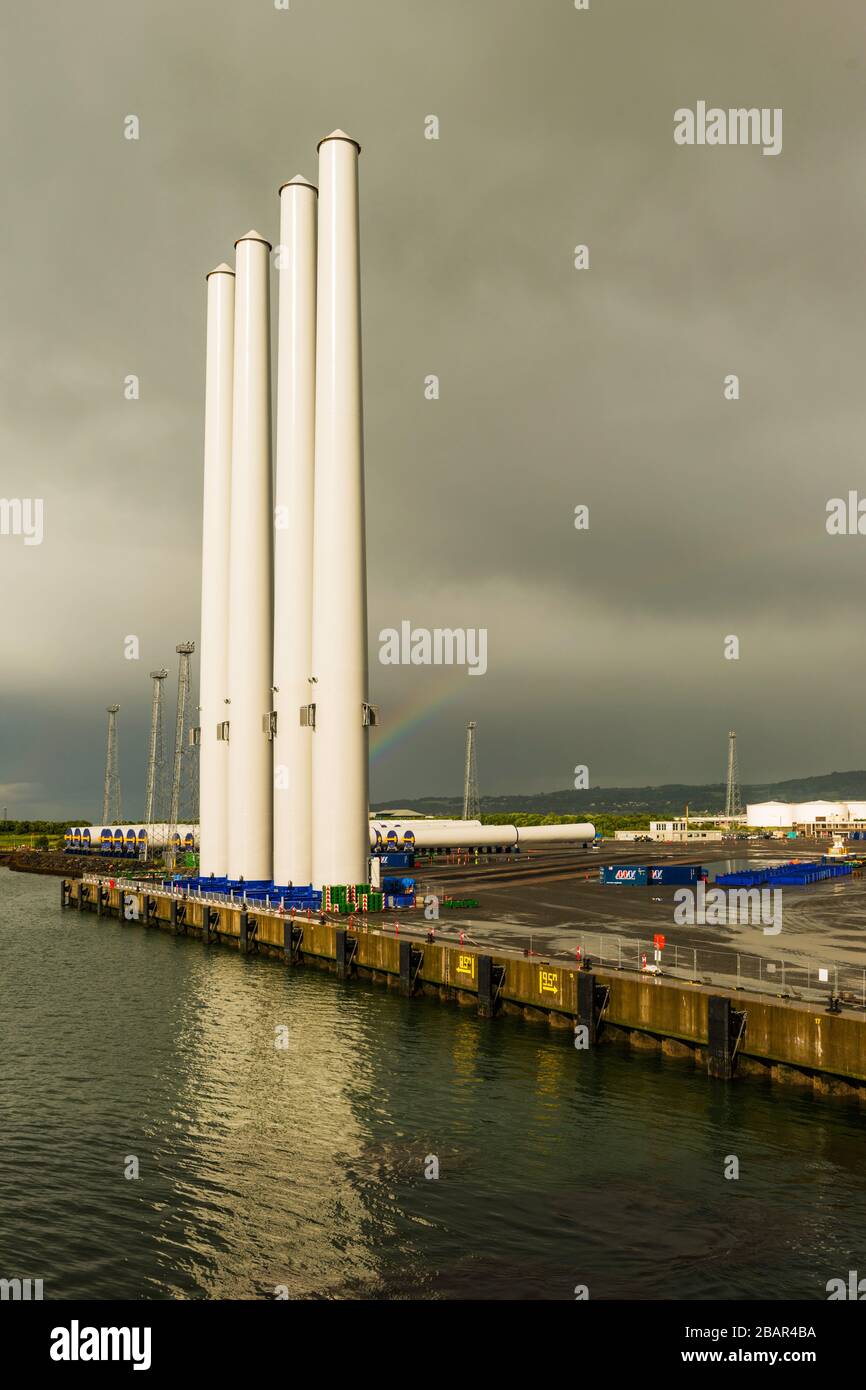Wind turbine components awaiting assembly and transport at Belfast Harbour, Northern Ireland, UK. Stock Photo