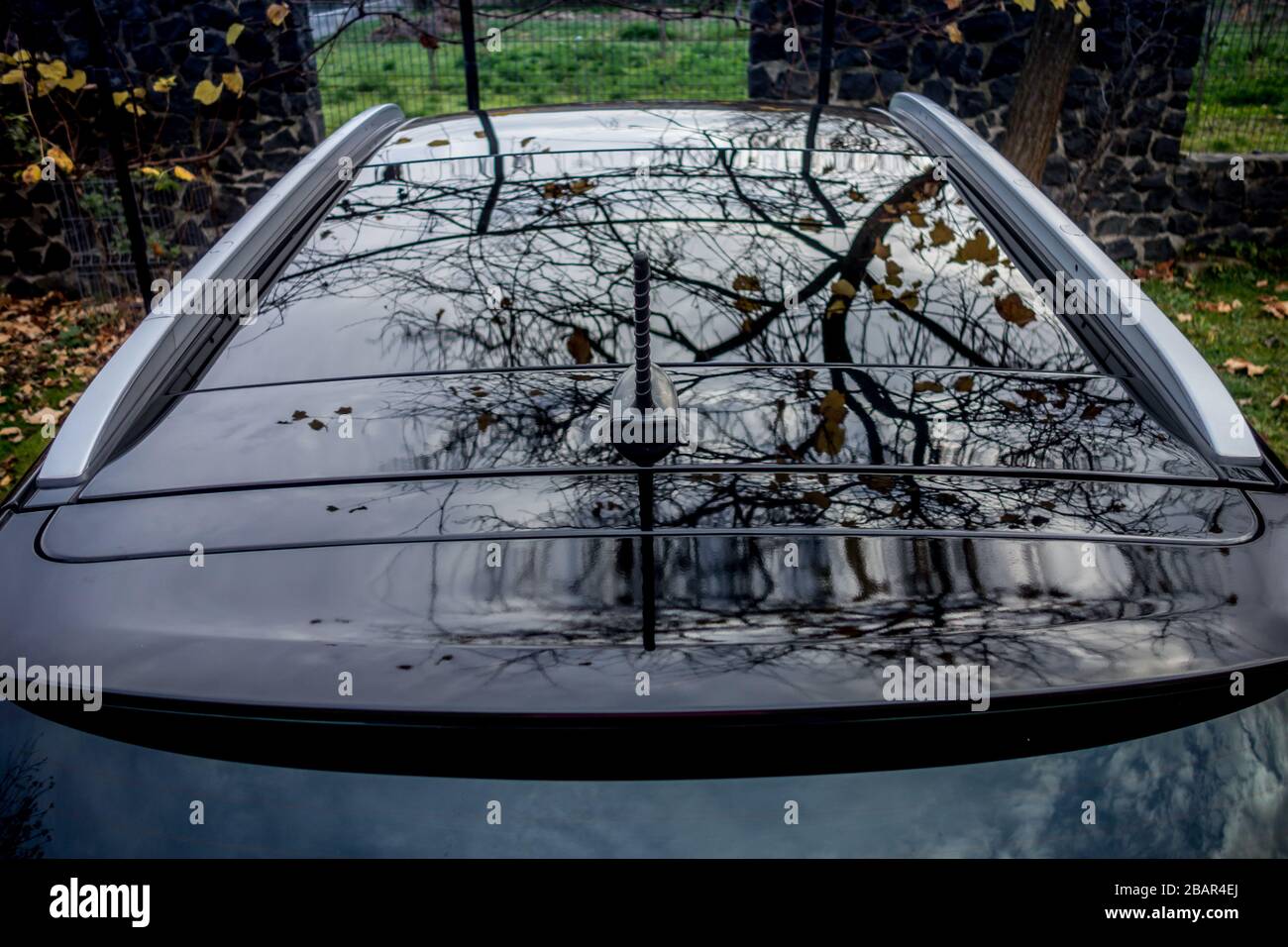 Panoramic view inside car double sunroof hatch with tinted glass