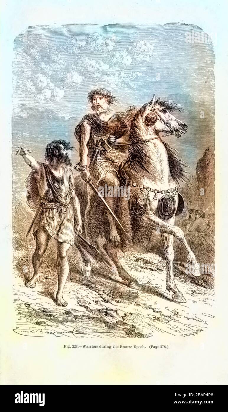 Machine colorized (AI) image Bronze Age warriors according to the French illustrator Emile Bayard (1837-1891), illustration Artwork published in Primitive Man by Louis Figuier (1819-1894), Published in London by Chapman and Hall 193 Piccadilly in 1870 Stock Photo