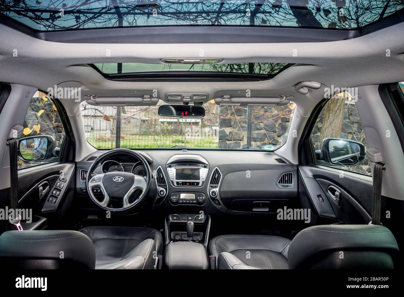 Panoramic view inside car double sunroof hatch with tinted glass