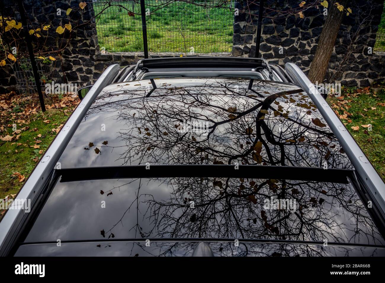 Panoramic view inside car double sunroof hatch with tinted glass
