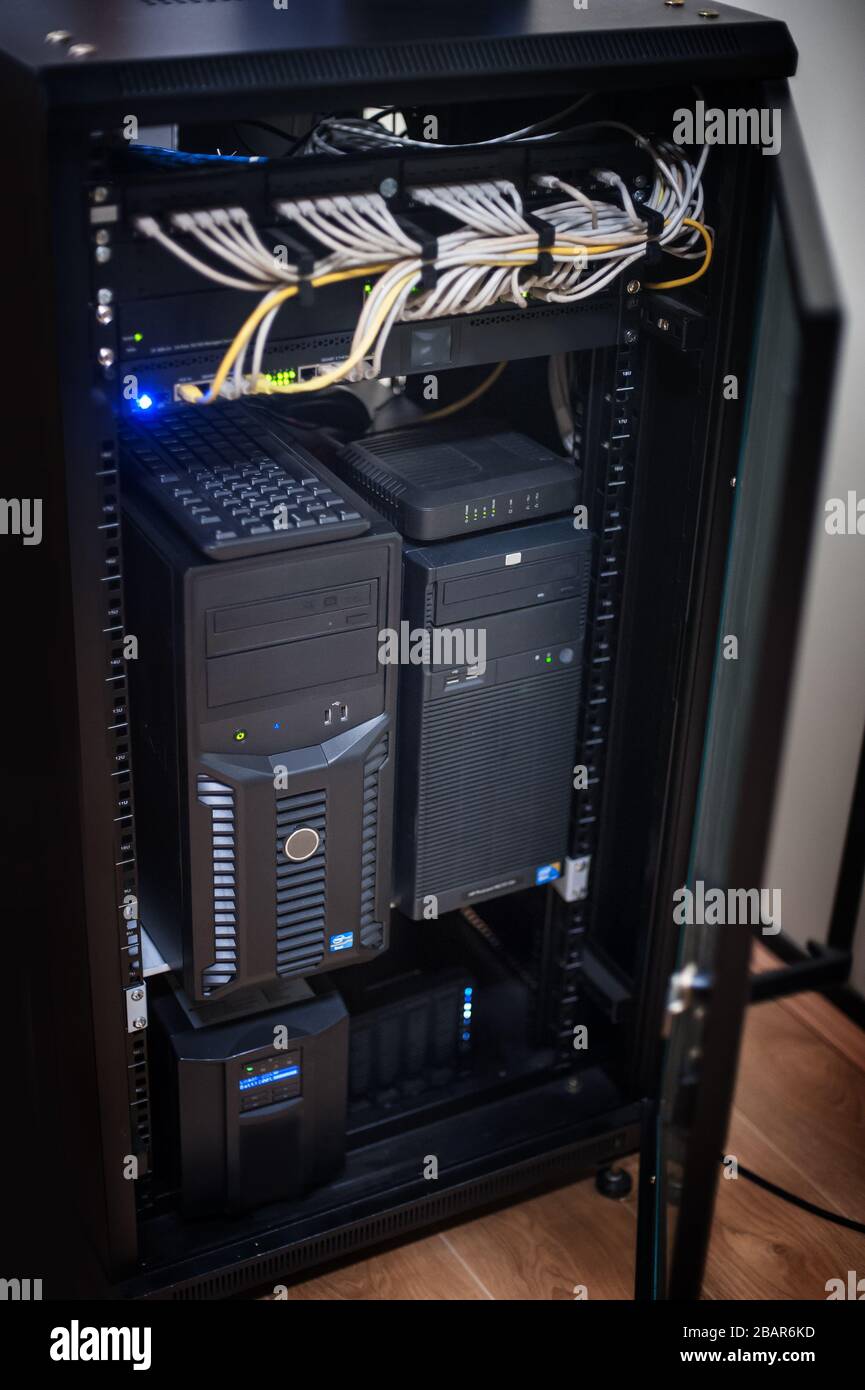 Network server, switch and routers. Many wires connect servers. Racks with computer